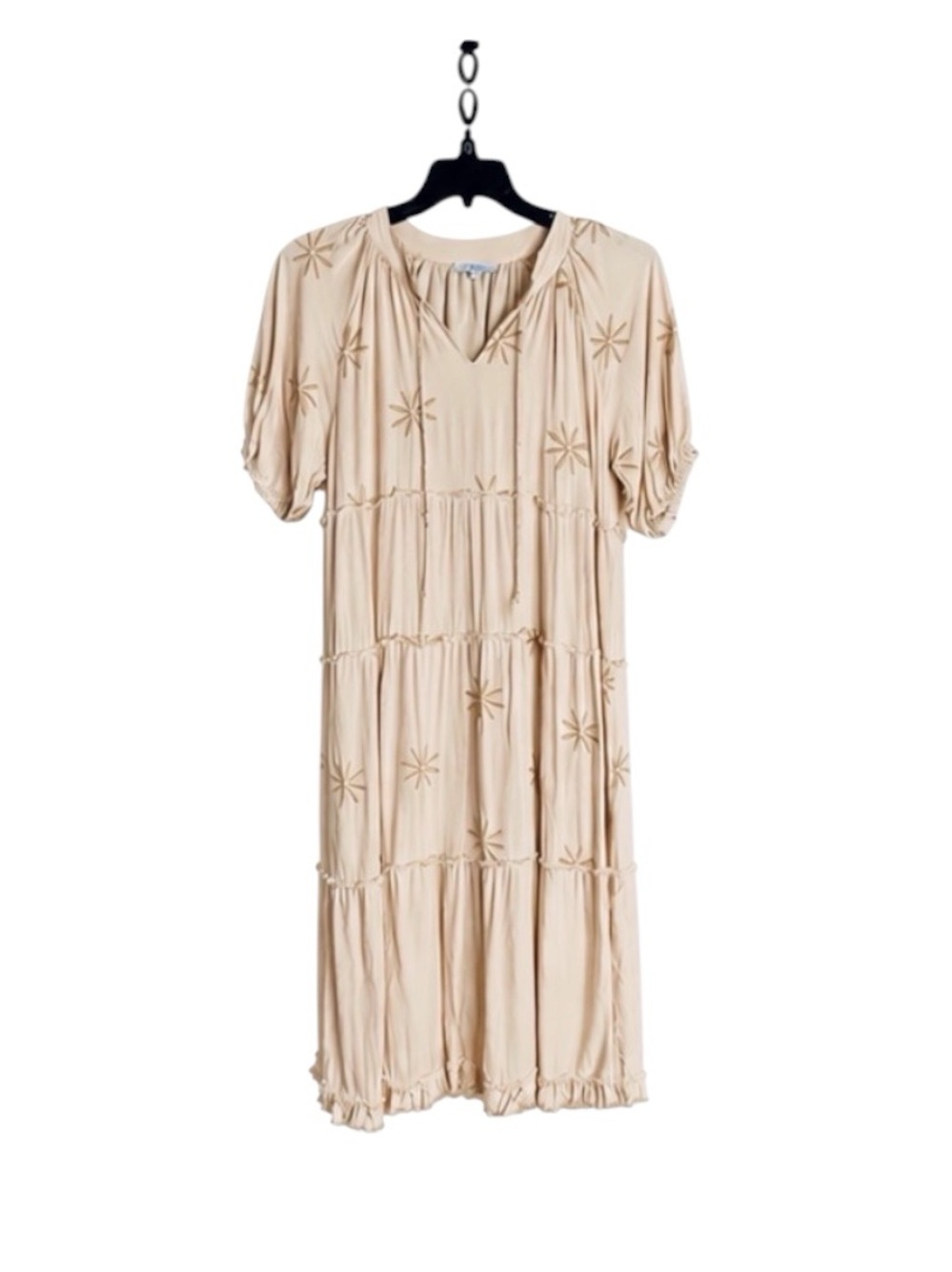 Polagram Blush Beige Embroidered Tiered Dress Size Small Boho Cottagecore